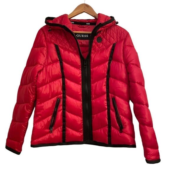 Guess Red and Black Zip Up Puffer Hoodie Jacket With inside & Outside Pockets Lg - Picture 1 of 8